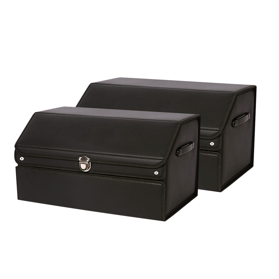 NNEAGS 2X 60cm Leather Car Boot Collapsible Foldable Trunk Cargo Organizer Portable Storage Box with Lock Black
