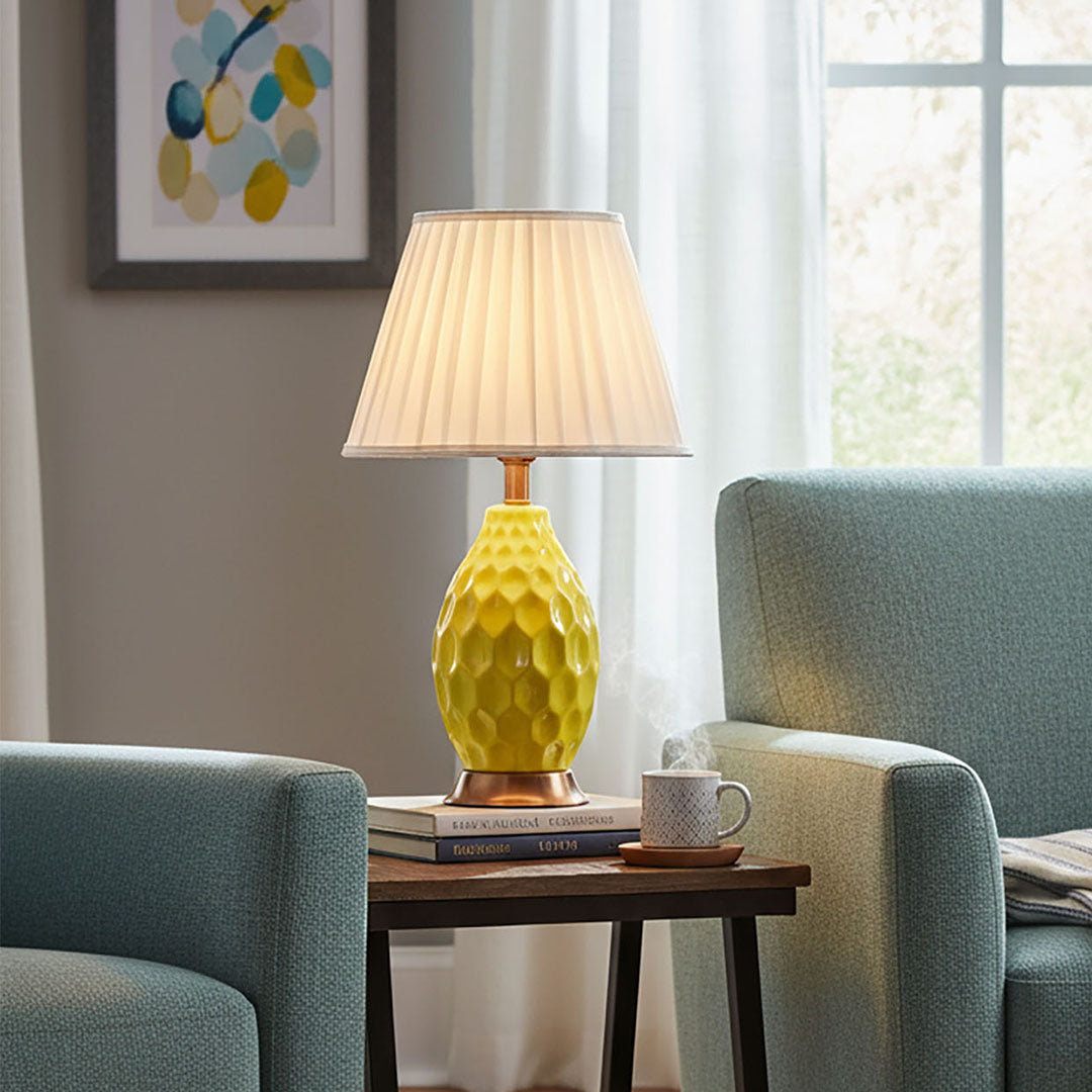 SOGA 2X Textured Ceramic Oval Table Lamp with Gold Metal Base Yellow