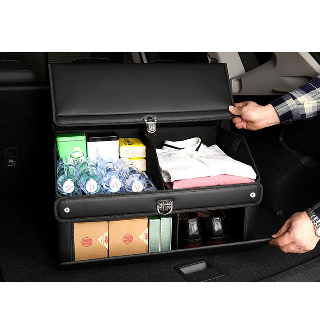 NNEAGS 2X 60cm Leather Car Boot Collapsible Foldable Trunk Cargo Organizer Portable Storage Box with Lock Black