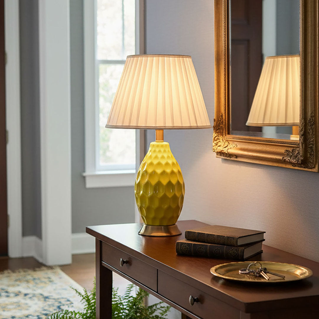 SOGA 2X Textured Ceramic Oval Table Lamp with Gold Metal Base Yellow