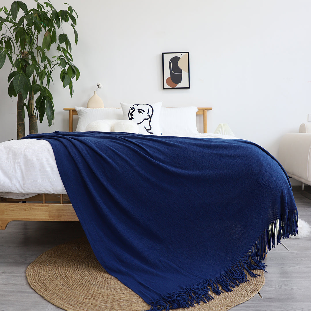 SOGA Royal Blue Acrylic Knitted Throw Blanket Solid Fringed Warm Cozy Woven Cover Couch Bed Sofa Home Decor - image 4