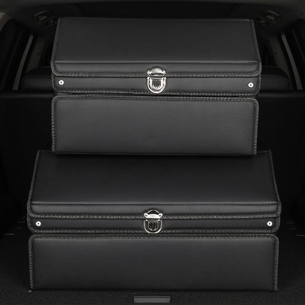 NNEAGS 2X 60cm Leather Car Boot Collapsible Foldable Trunk Cargo Organizer Portable Storage Box with Lock Black