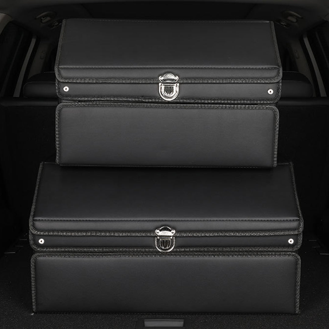 NNEAGS 2X 60cm Leather Car Boot Collapsible Foldable Trunk Cargo Organizer Portable Storage Box with Lock Black