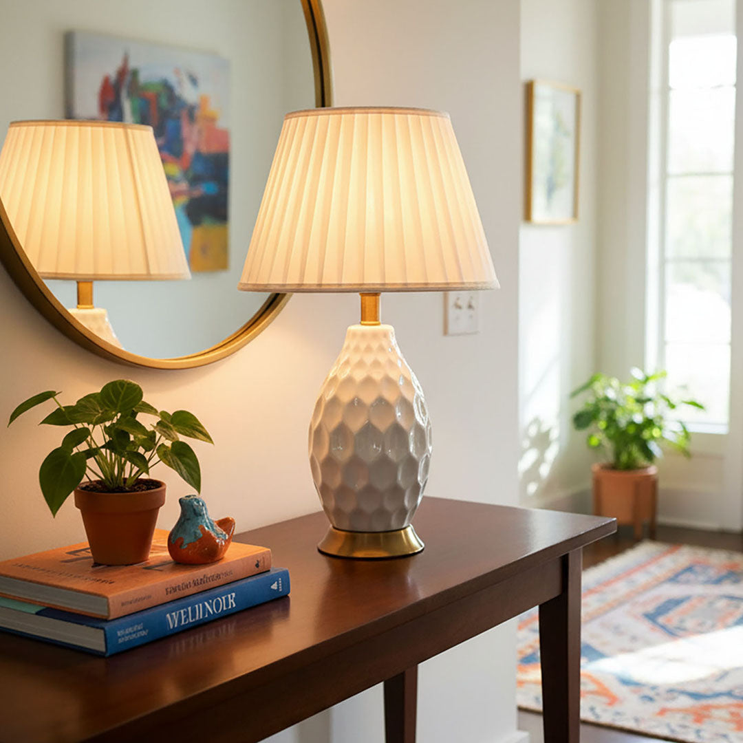 SOGA 2X Textured Ceramic Oval Table Lamp with Gold Metal Base White