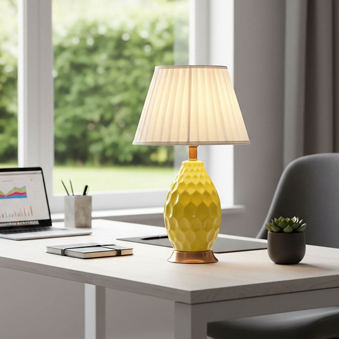 SOGA 2X Textured Ceramic Oval Table Lamp with Gold Metal Base Yellow