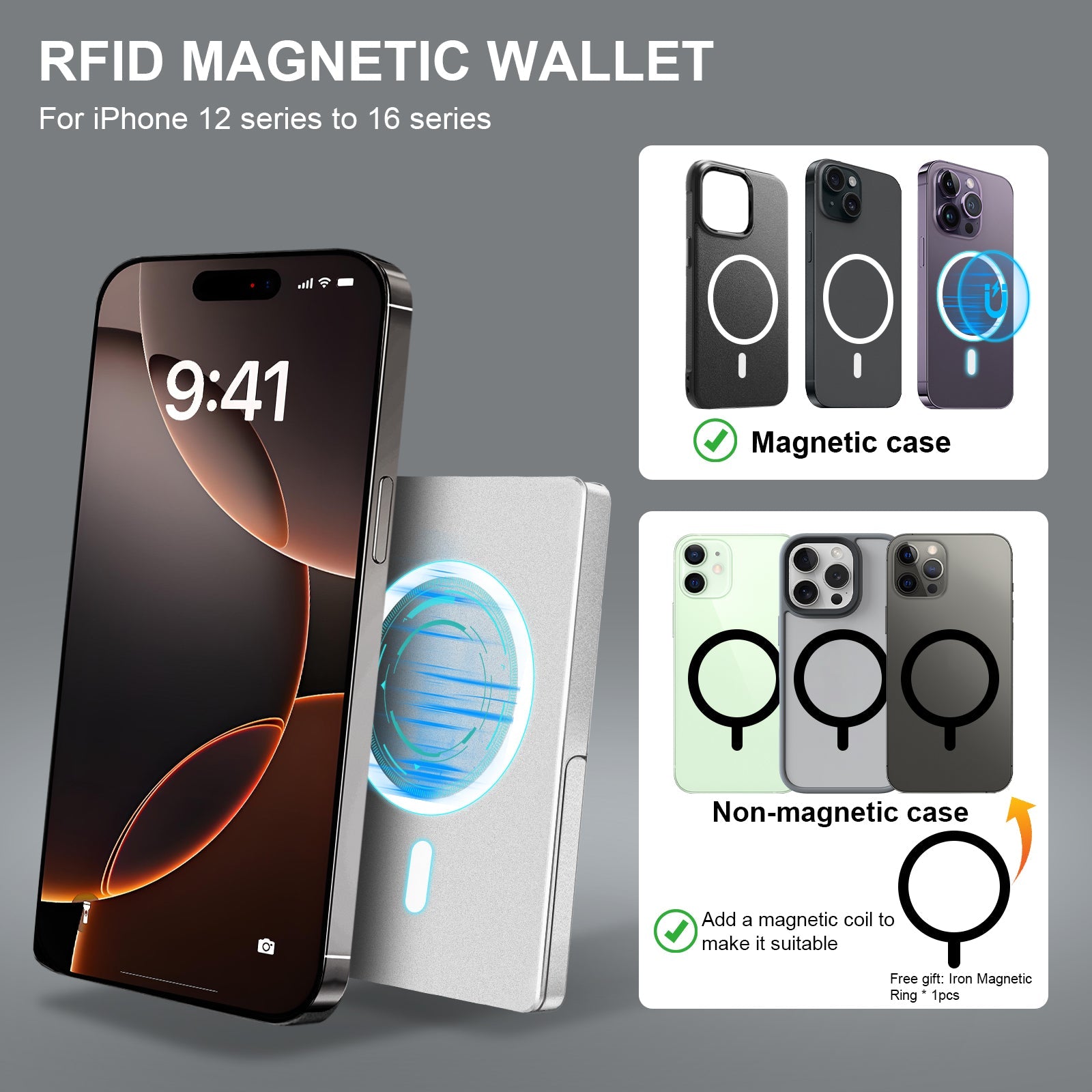 RFID Blocking Wallet Minimalist Slim Card Holder for Magsafe with Adjustable Stand, Metal Pop Up Magnetic Wallet for Men