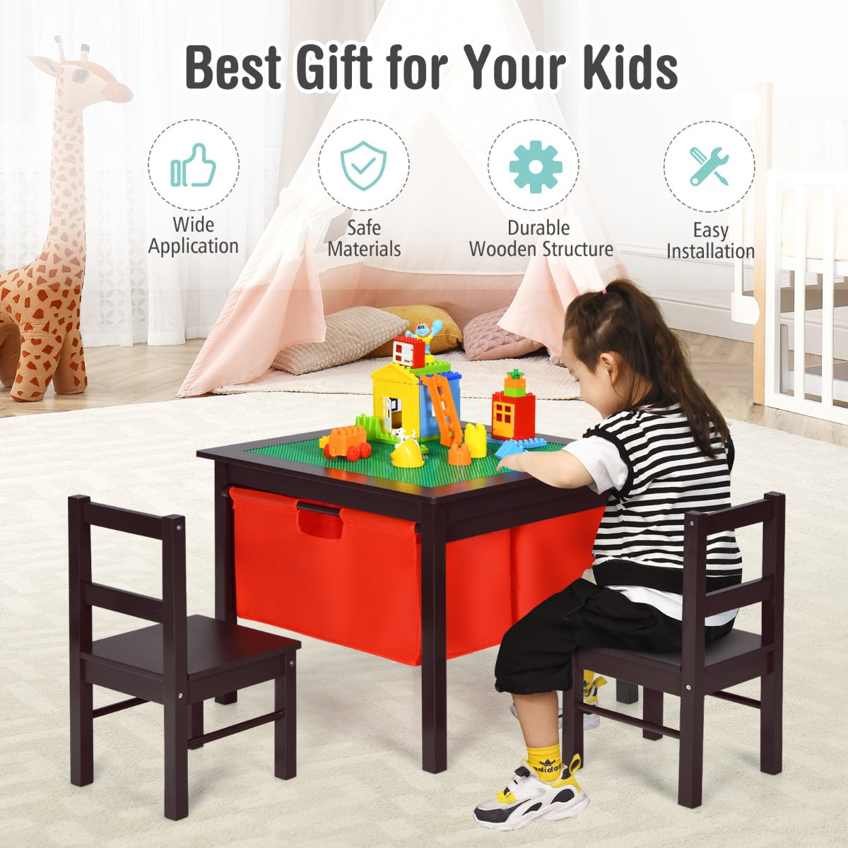 NNECW Kids Activity Table with 2 Non-woven Fabric Drawers-Espresso