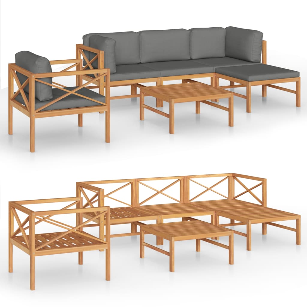 NNEVL 6 Piece Garden Lounge Set with Grey Cushions Solid Wood Teak