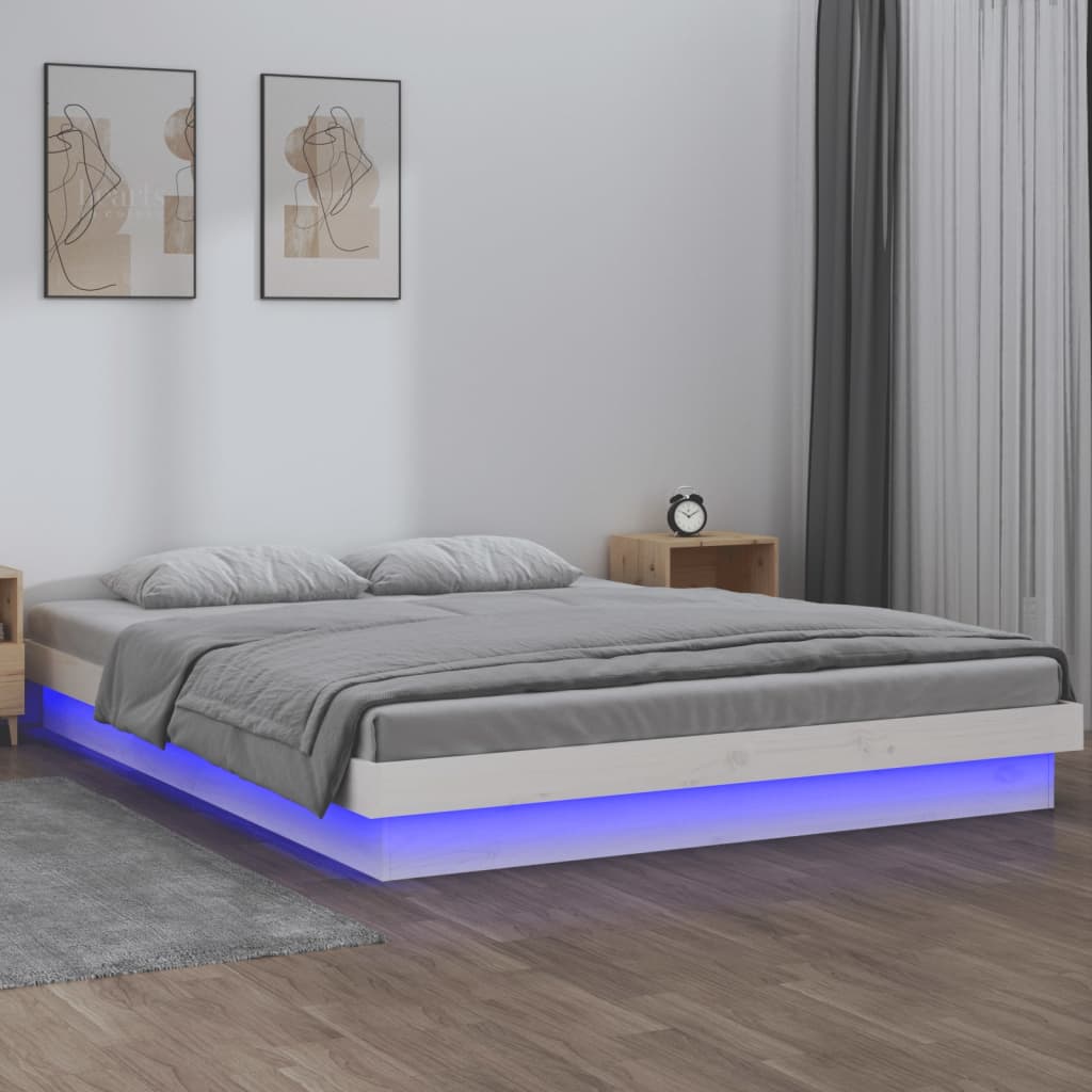 LED Bed Frame White 137x187 Double Size Solid Wood