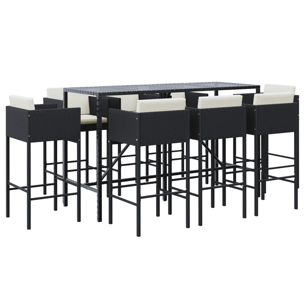 9 Piece Garden Bar Set with Cushions Black Poly Rattan - image 5
