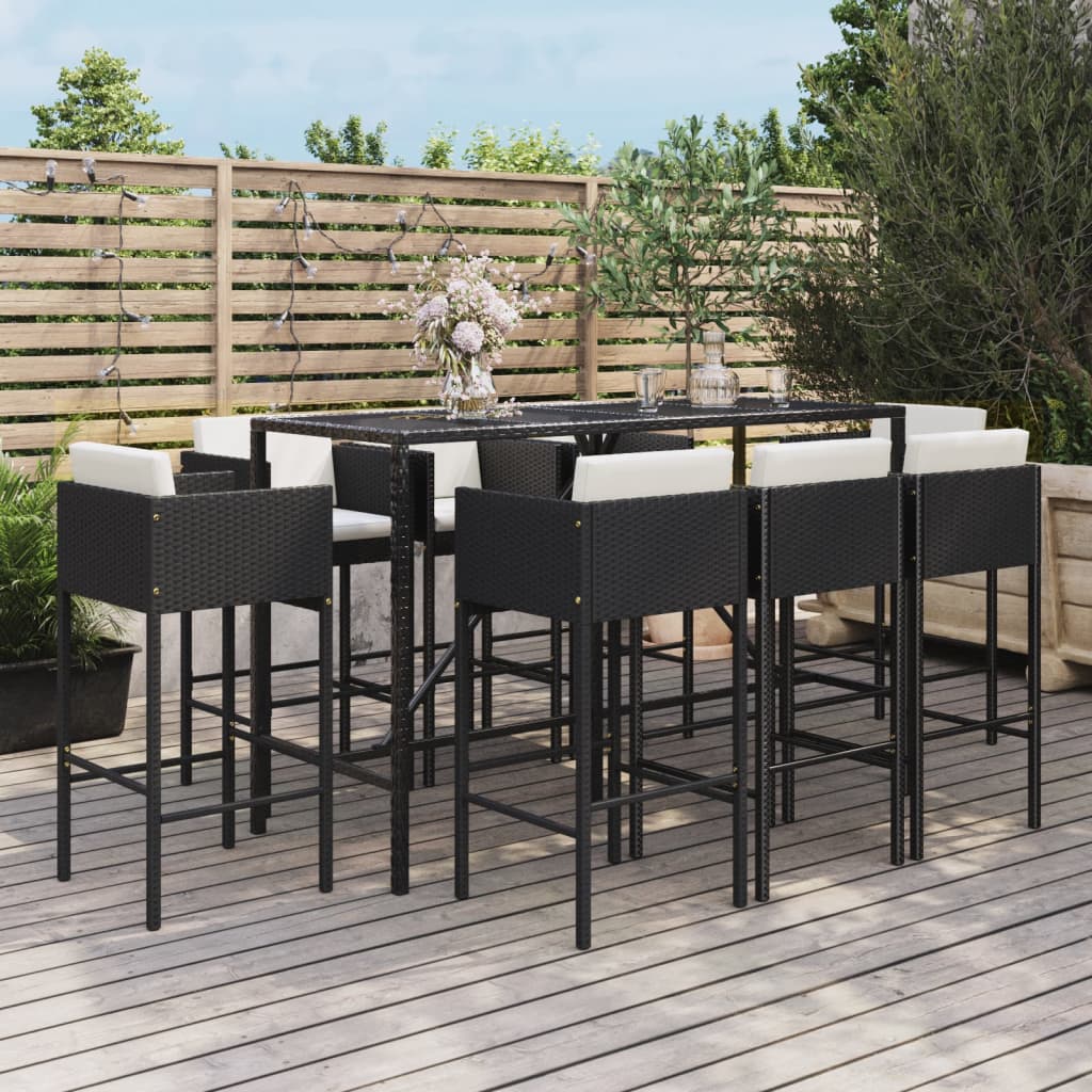 9 Piece Garden Bar Set with Cushions Black Poly Rattan - image 4