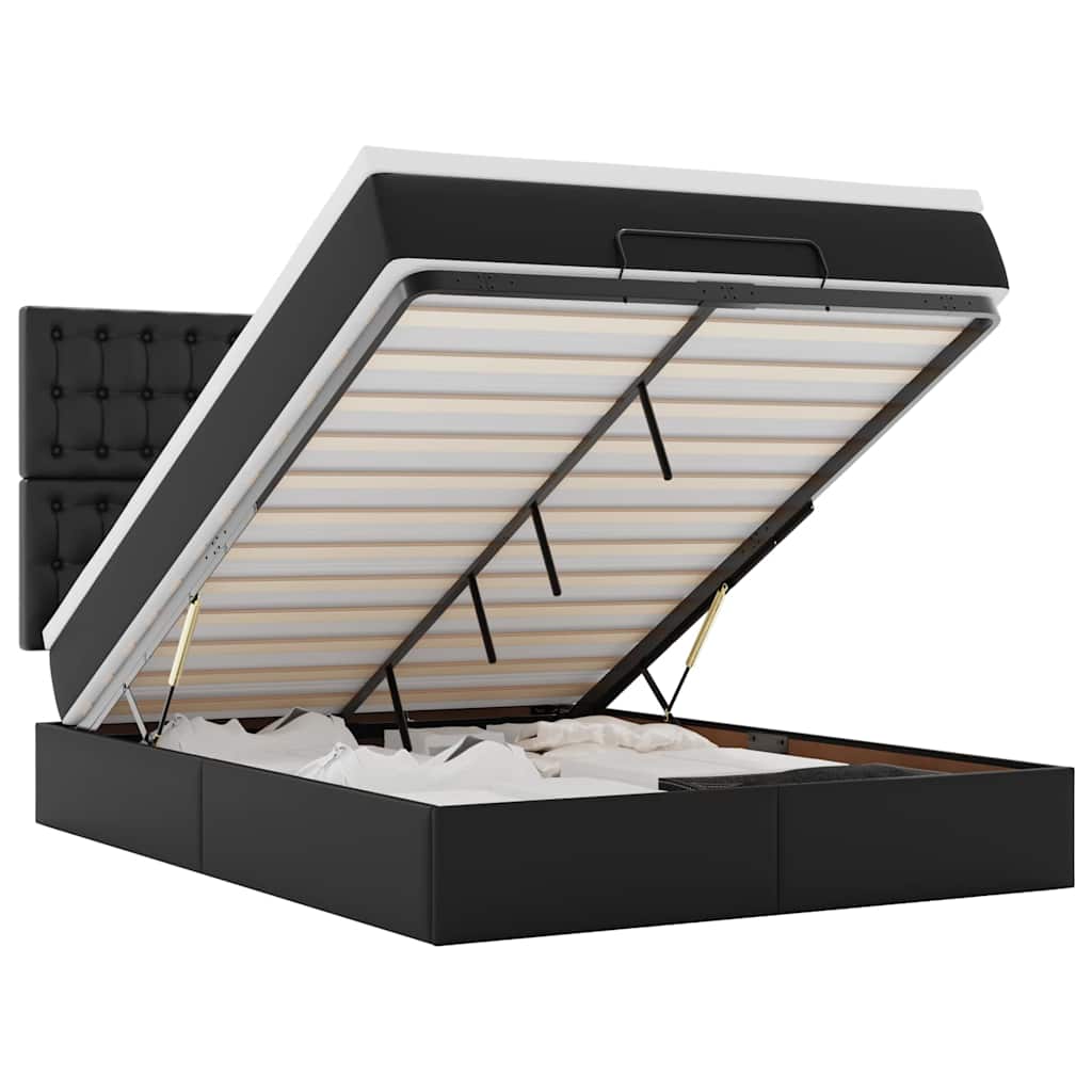 Ottoman Bed with Mattress & LEDs Black Queen Faux Leather - image 2