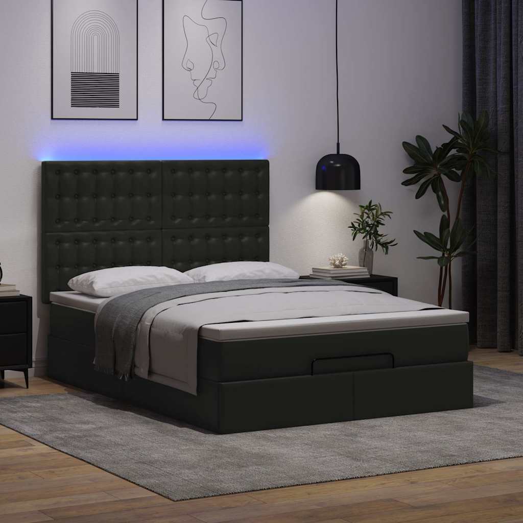 Ottoman Bed with Mattress & LEDs Black Queen Faux Leather - image 3