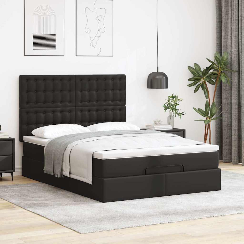 Ottoman Bed with Mattress & LEDs Black Queen Faux Leather - image 4