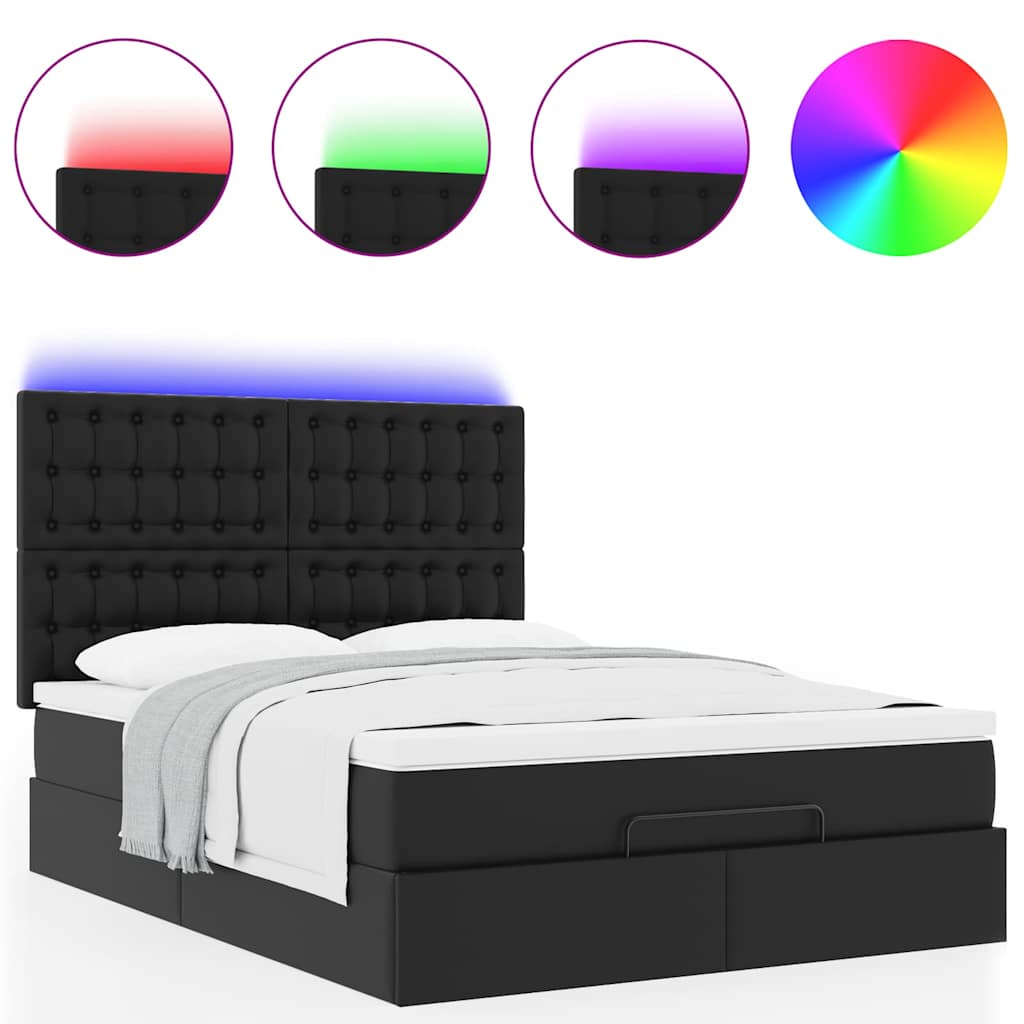 Ottoman Bed with Mattress & LEDs Black Queen Faux Leather - image 5