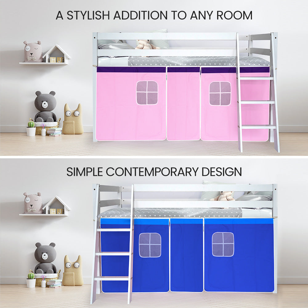 Wooden Kids Single Loft Bed Frame-Hiding Space Underneath with Interchangeable Pink and Blue Curtains - image 5