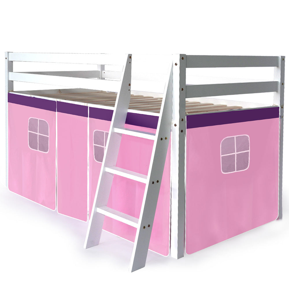 Wooden Kids Single Loft Bed Frame-Hiding Space Underneath with Interchangeable Pink and Blue Curtains - image 4