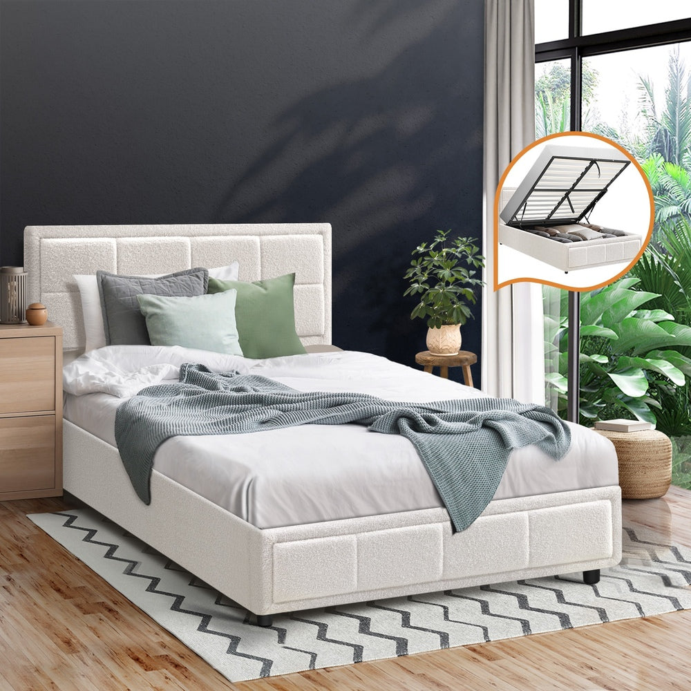 Bed Frame King Single Gas Lift Storage Base Boucle White - image 3