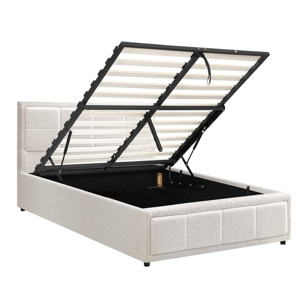Bed Frame King Single Gas Lift Storage Base Boucle White