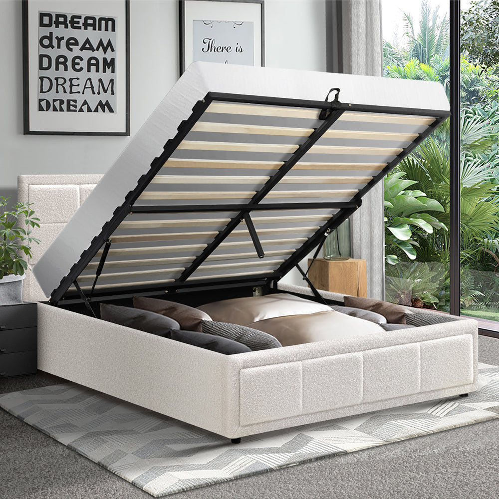 Bed Frame King Single Gas Lift Storage Base Boucle White - image 4
