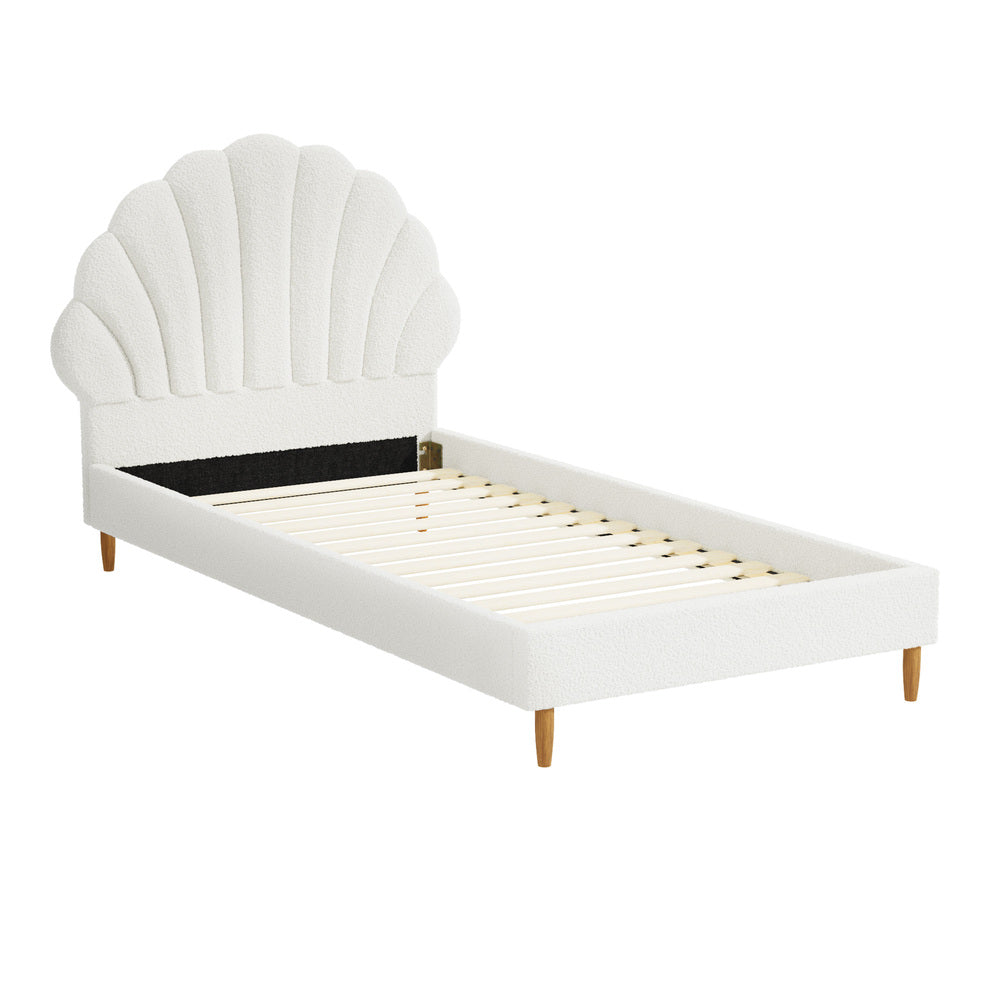 Single Bed Frame Scallop-Shape Bedhead White Boucle - image 3