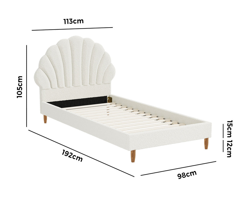 Single Bed Frame Scallop-Shape Bedhead White Boucle - image 5
