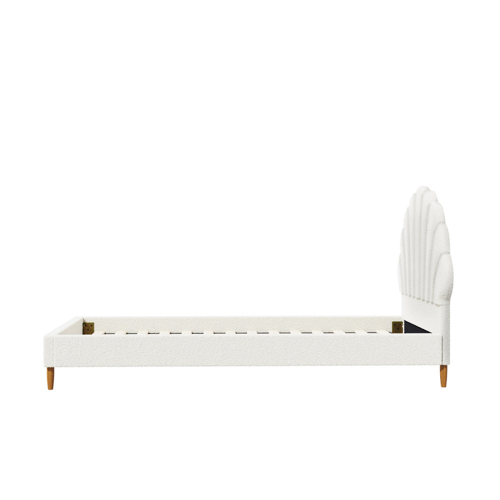 Single Bed Frame Scallop-Shape Bedhead White Boucle - image 4