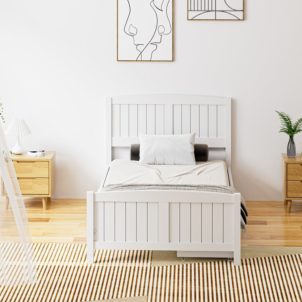 Wooden Bed Frame King Single with Trundle Drawers White - image 3
