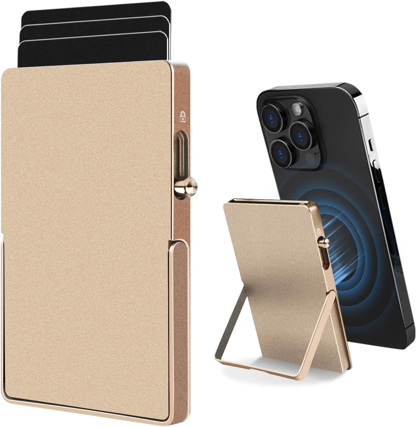 RFID Blocking Wallet Minimalist Slim Card Holder for Magsafe with Adjustable Stand, Metal Pop Up Magnetic Wallet for Men