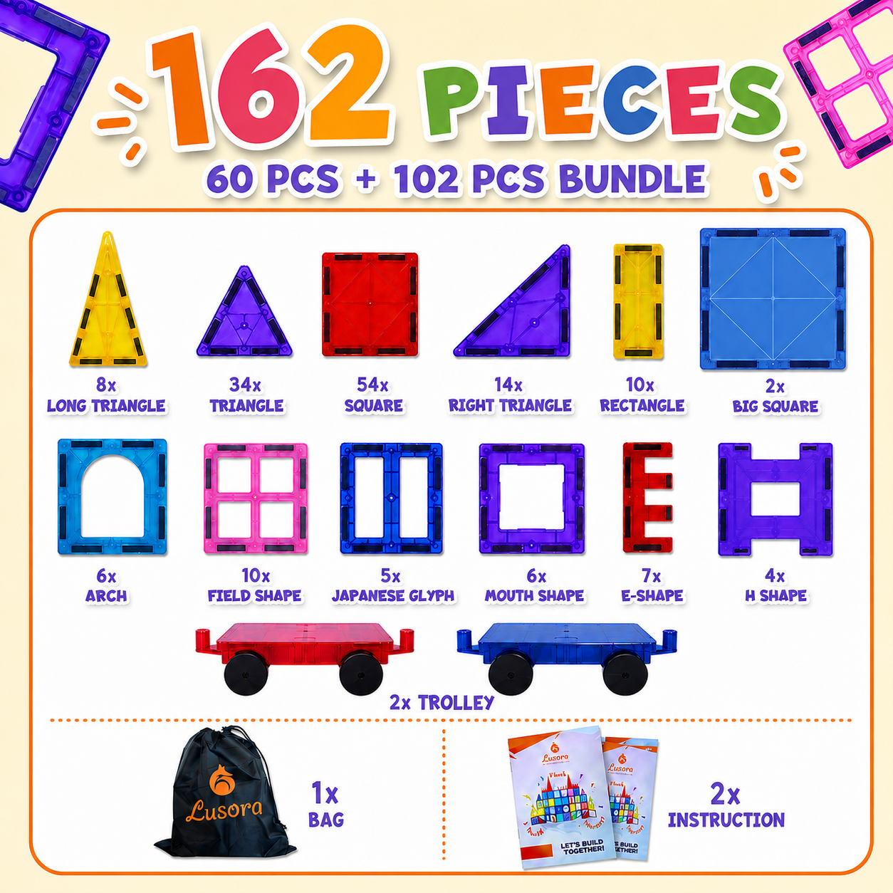 Magnetic Tiles Mega Bundle 102pcs + 60pcs - image 3