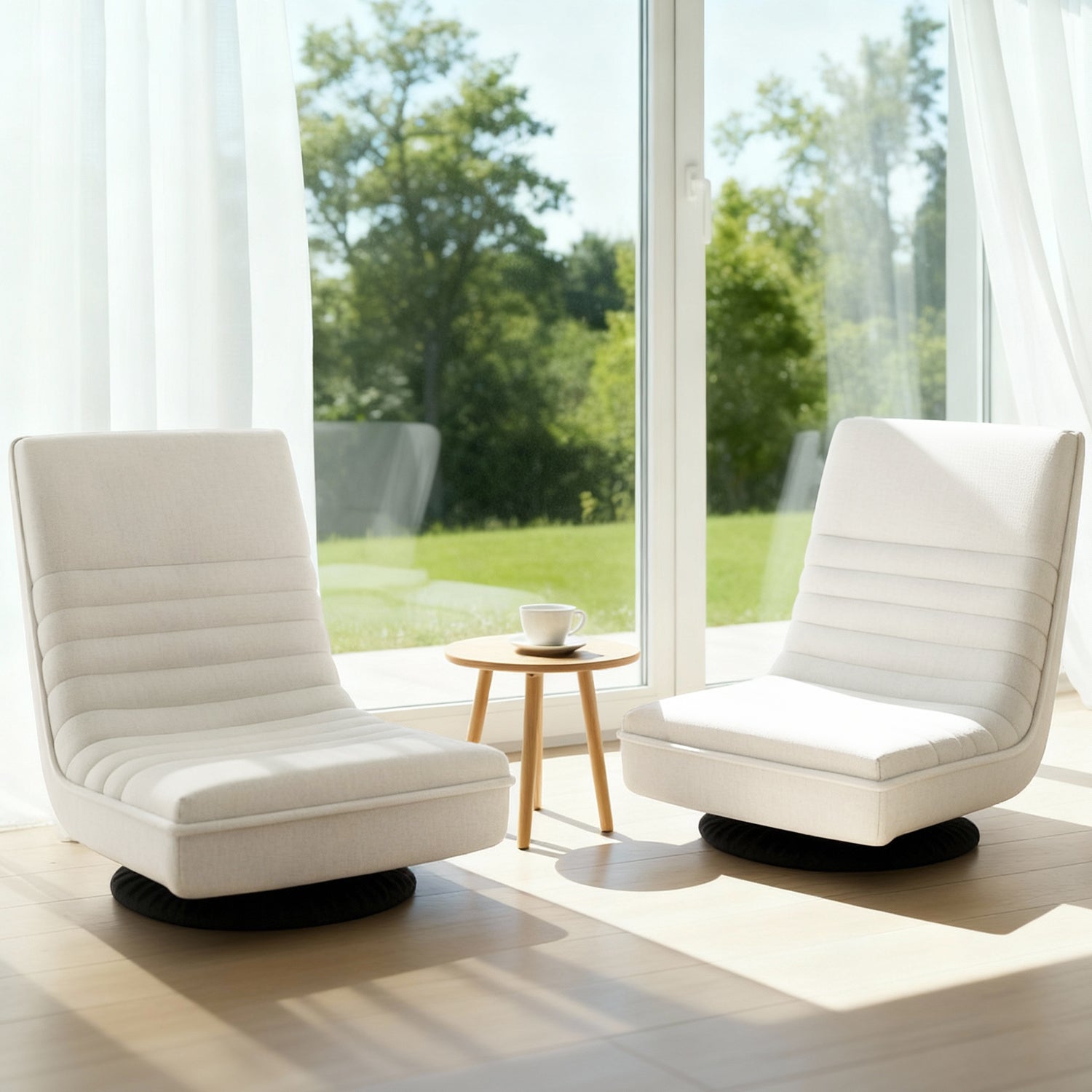 Artiss 2XFloor Chair Lounge Sofa Swivel Foldable Linen White - image 2