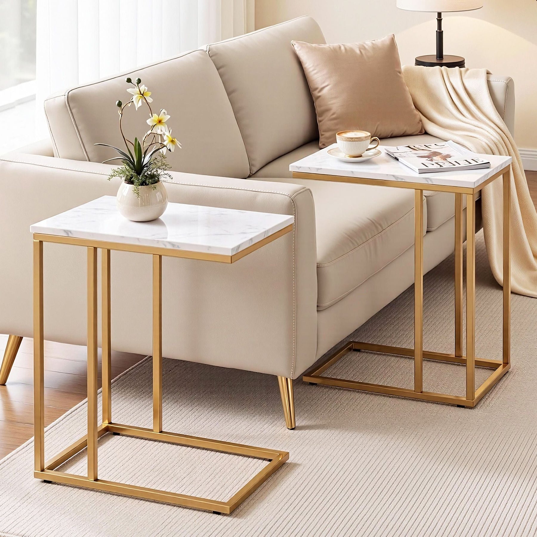 Artiss C Shaped End Table Set of 2 Coffee Table Side Table White & Gold - image 2