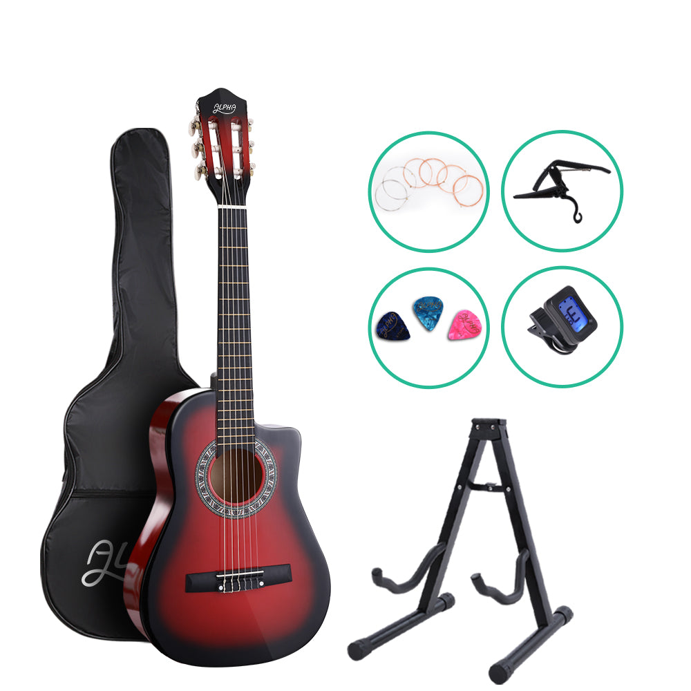 34 Inch Guitar Classical Acoustic Cutaway Wooden Ideal Kids Gift Children 1/2 Size Red with Capo Tuner