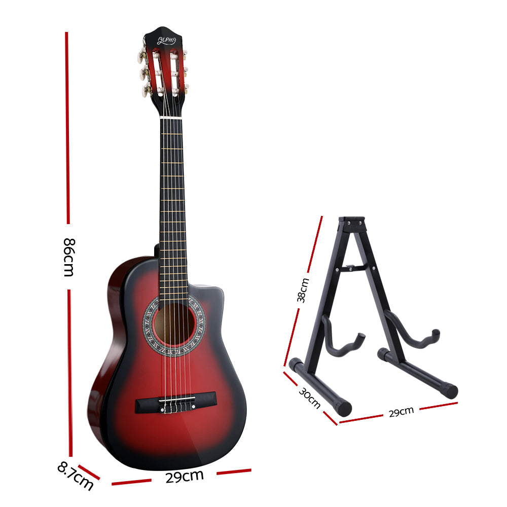 34 Inch Guitar Classical Acoustic Cutaway Wooden Ideal Kids Gift Children 1/2 Size Red with Capo Tuner - image 2