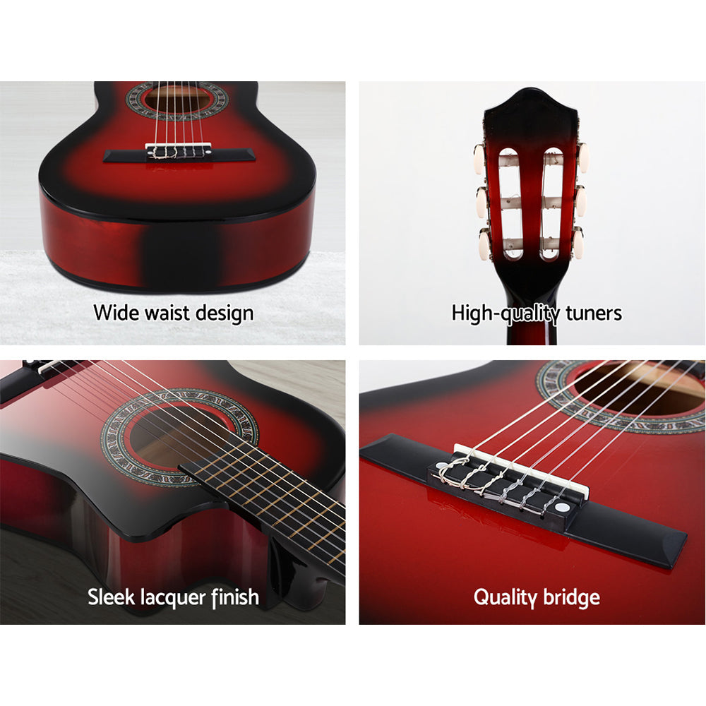 34 Inch Guitar Classical Acoustic Cutaway Wooden Ideal Kids Gift Children 1/2 Size Red with Capo Tuner - image 5