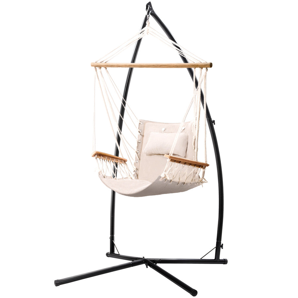 Gardeon Hammock Chair with Steel Stand Armrest Outdoor Hanging Cream - image 3