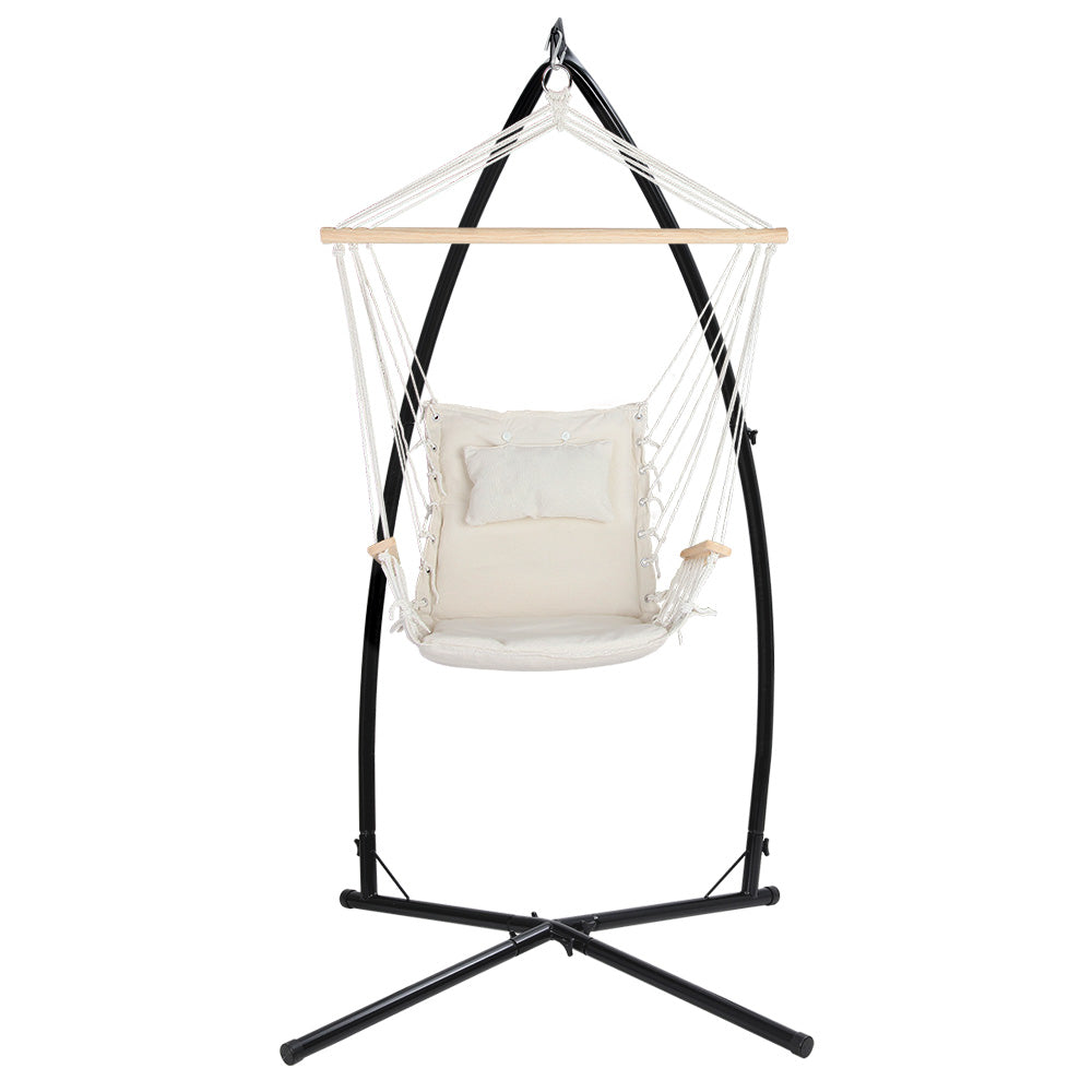 Gardeon Hammock Chair with Steel Stand Armrest Outdoor Hanging Cream - image 5