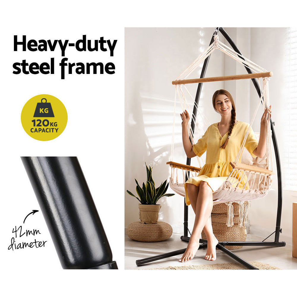 Gardeon Hammock Chair with Steel Stand Armrest Outdoor Hanging Cream - image 2