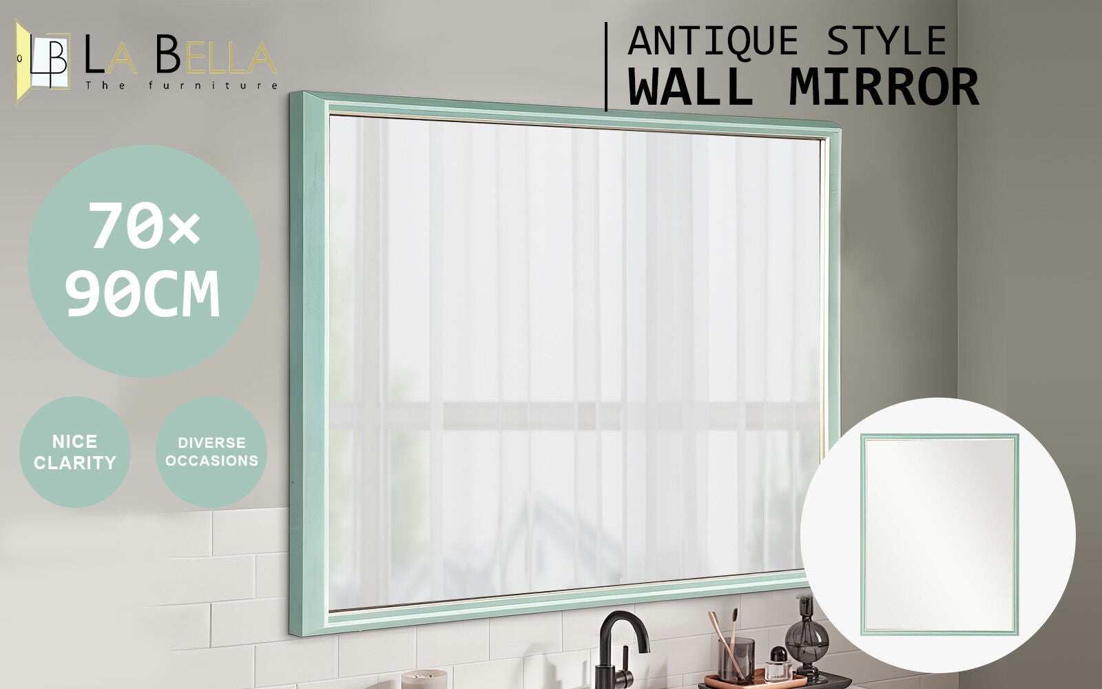 NNEDSZ Wall Mirror Rectangular Frame Bathroom 70x90cm Turquoise
