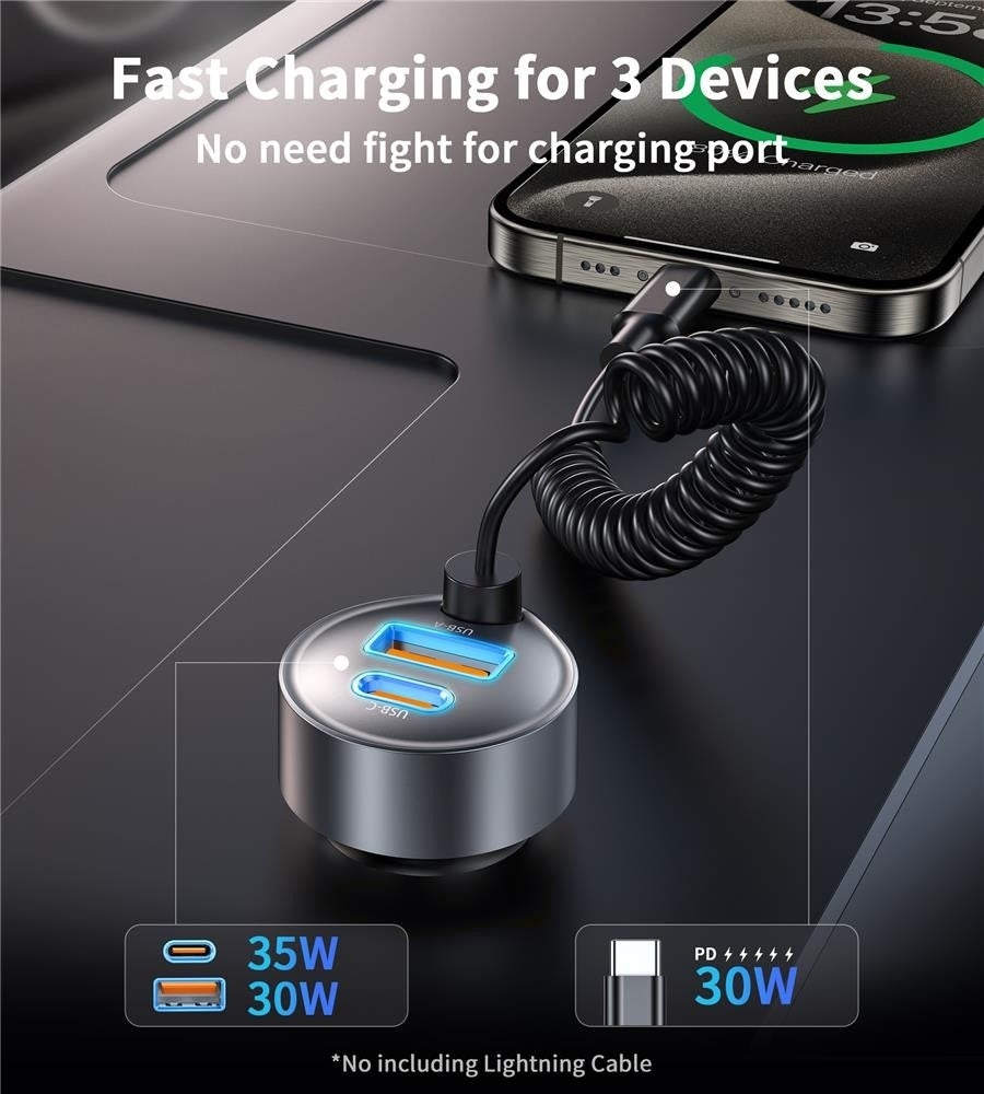 CHOETECH TC0030 65W 3-Port Fast Car Charger with 3.3ft Type-C Stretchable Cable - image 3