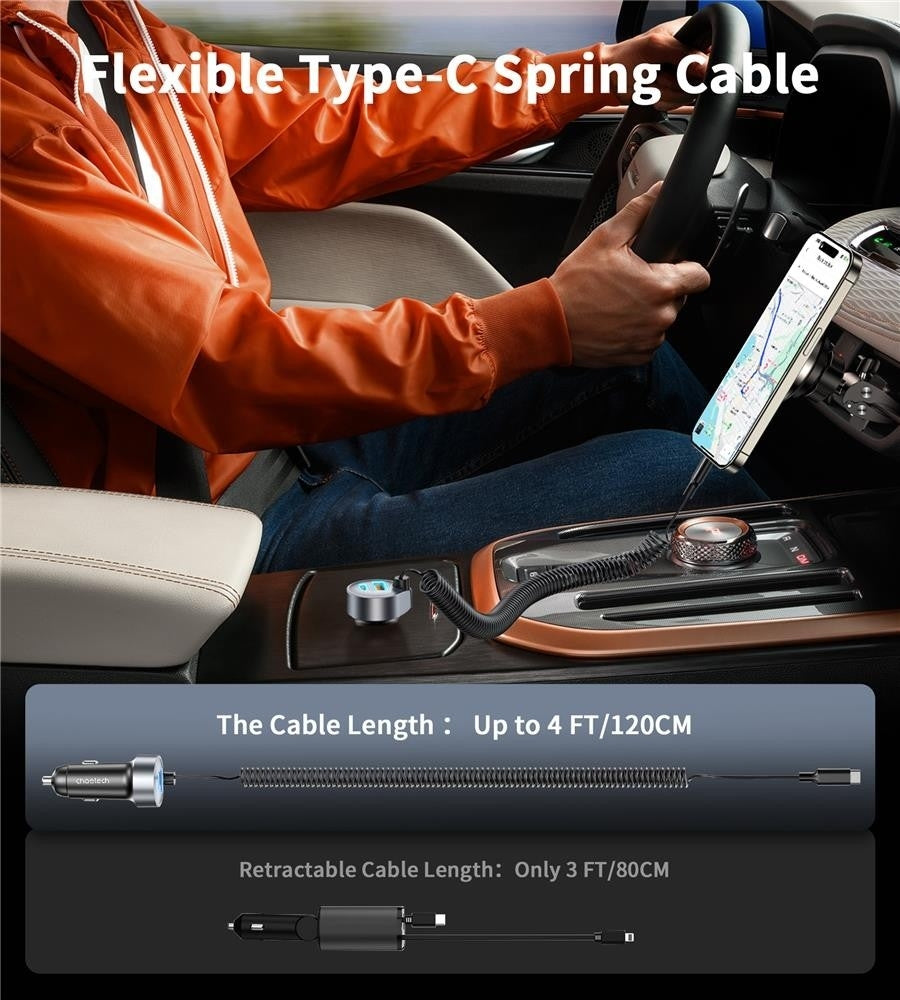 CHOETECH TC0030 65W 3-Port Fast Car Charger with 3.3ft Type-C Stretchable Cable - image 4