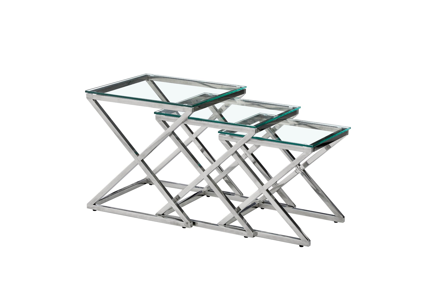 Set of 3 Silver Side Table - Clear Glass