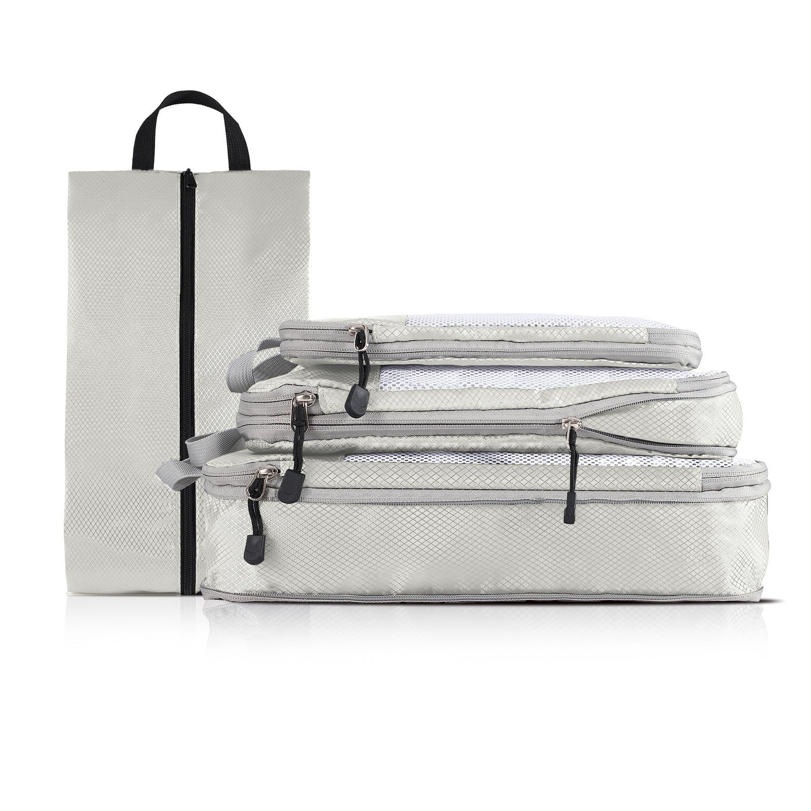 4-piece Set Off White Compression Travel Storage Bags Set, Mesh Travel Organizers for Luggage, Foldable and Space-Saving Packing Cubes