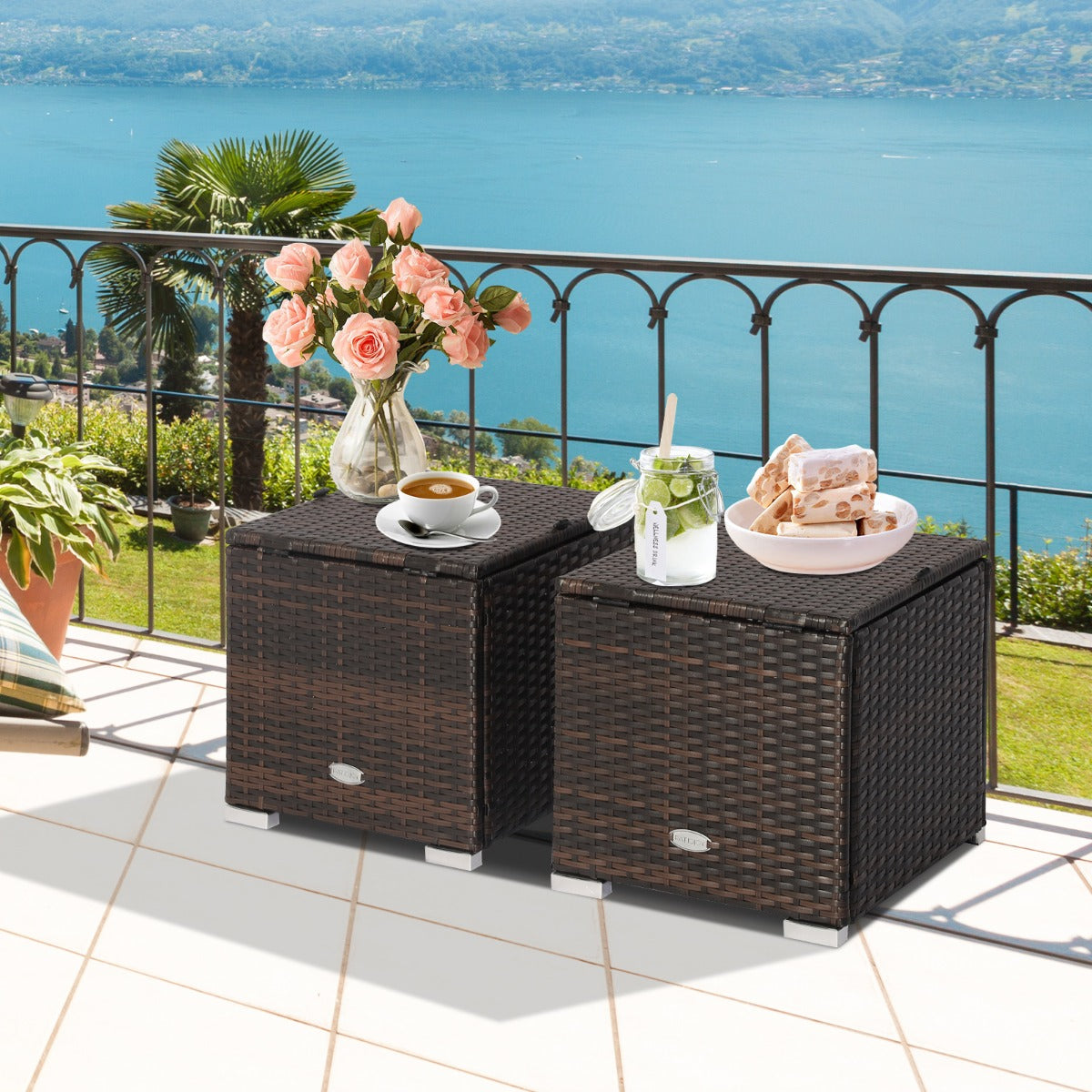 NNECW 2 Pieces Patio Ottomans with Removable Cushion and Hidden Storage-White-0