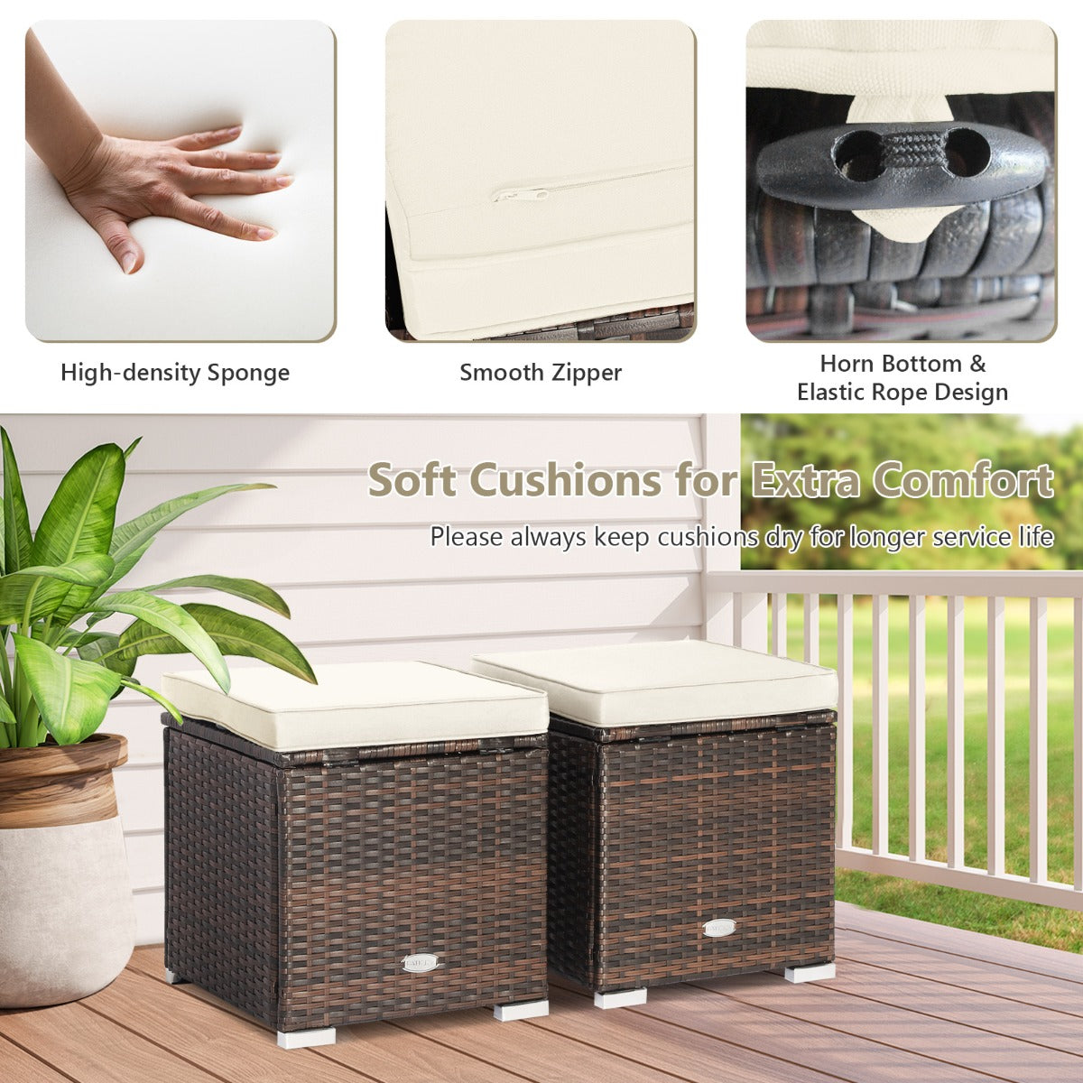 NNECW 2 Pieces Patio Ottomans with Removable Cushion and Hidden Storage-White-4