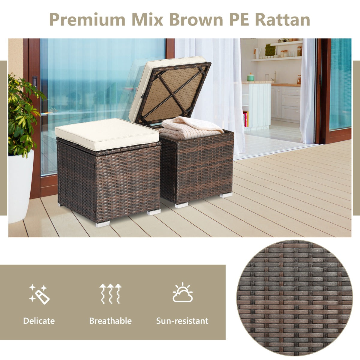 NNECW 2 Pieces Patio Ottomans with Removable Cushion and Hidden Storage-White-2