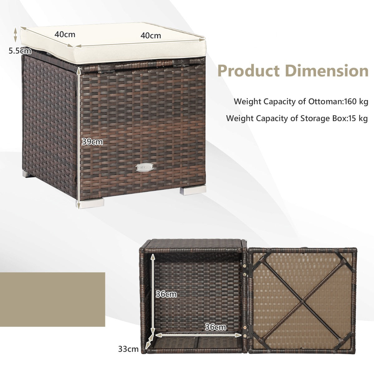 NNECW 2 Pieces Patio Ottomans with Removable Cushion and Hidden Storage-White-3