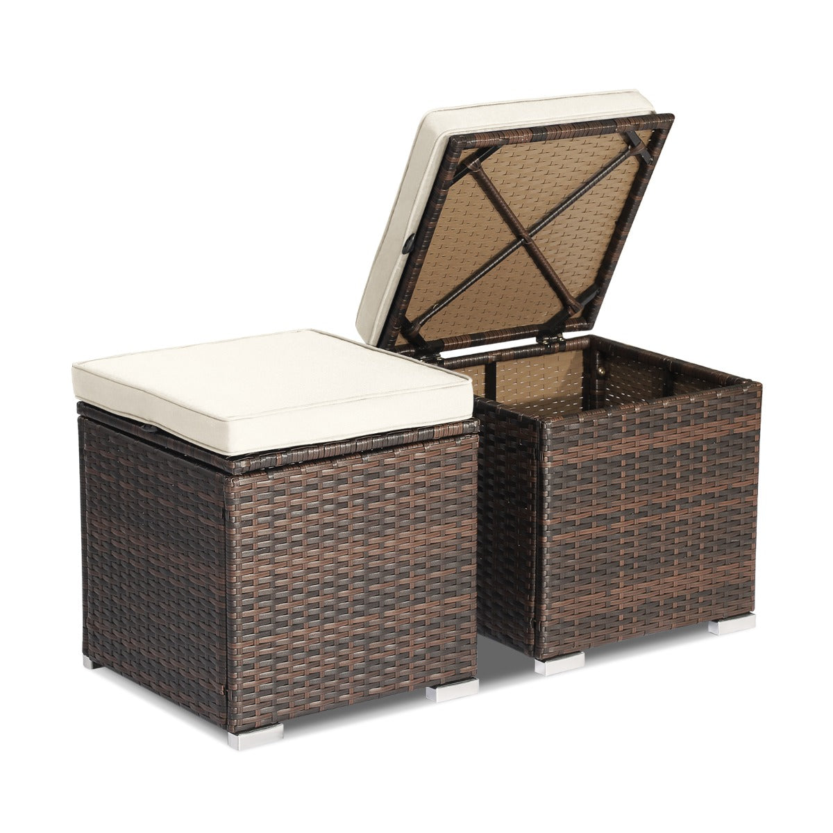 NNECW 2 Pieces Patio Ottomans with Removable Cushion and Hidden Storage-White-1
