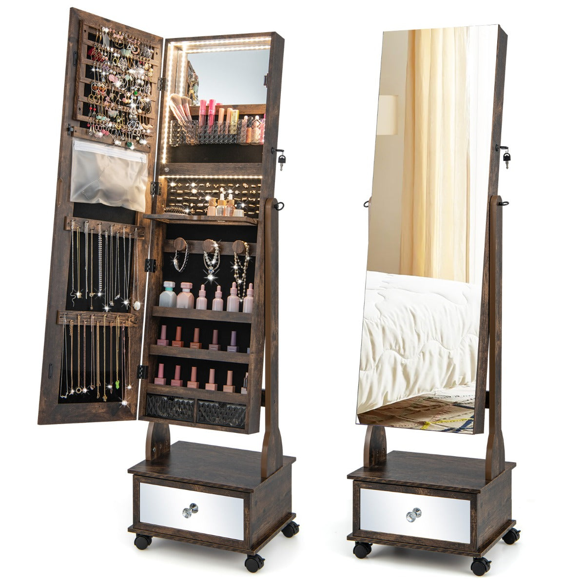 159 CM Lockable Jewelry Organizer with 3-Color LED Lights-Brown - image 2