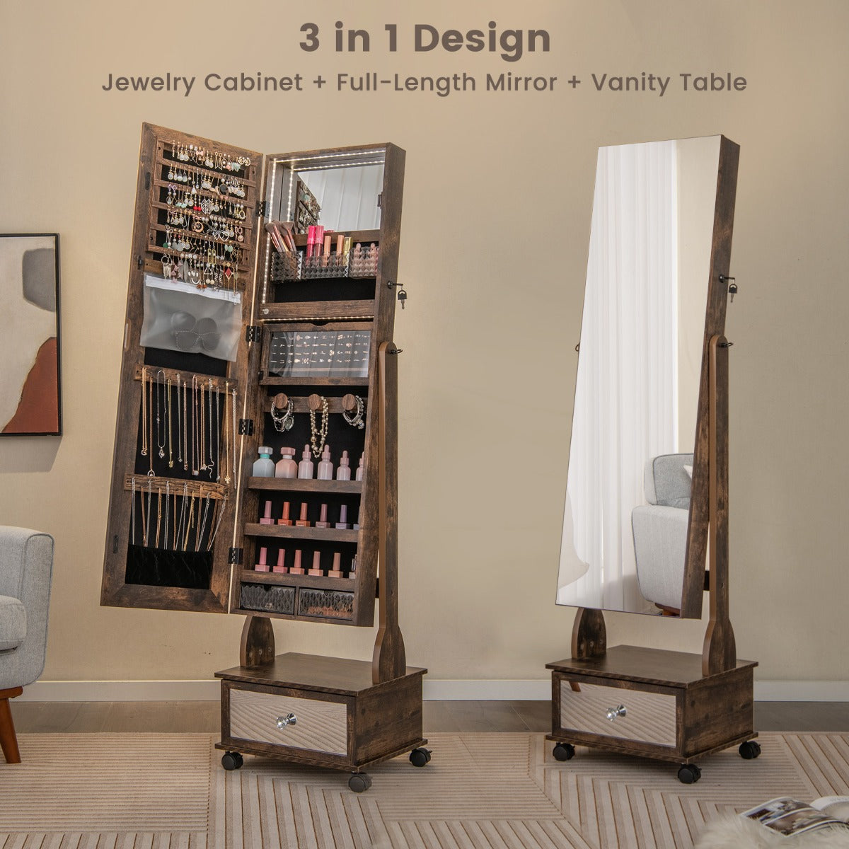 159 CM Lockable Jewelry Organizer with 3-Color LED Lights-Brown - image 3